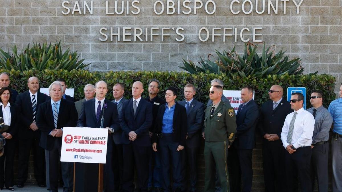 SLO County law enforcement leaders hold a news conference Oct. 11 in front of the Sheriff's Office building to announce their opposition to Prop. 57. They say it will allow tens of thousands of violent, dangerous and career criminals to be released early. The list of attendees included: San Luis Obispo District Attorney Dan Dow, Ventura County District Attorney Greg Totten (Campaign State Co-Chair), Merced County District Attorney Larry Morse (Campaign State Co-Chair), Atascadero Police Chief Jerel Haley, Cuesta College Police Chief Bryan Millard, Arroyo Grande Police Chief Steve Annibali, Grover Beach Police Chief John Peters, San Luis Obispo Deputy Sheriffs Association, Atascadero Police Officers Association, California Menâs Colony Chapter of CCPOA, Arroyo Grande Police Officers Association, Paso Robles Police Officers Association, Pismo Beach Police Officers Association and San Luis Obispo Police Officers Association.