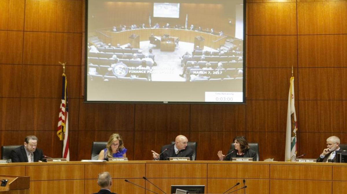 Board of Supervisors meeting. From the left Adam Hill, Lynn Compton, John Peschong, Debbie Arnold, Bruce Gibson.