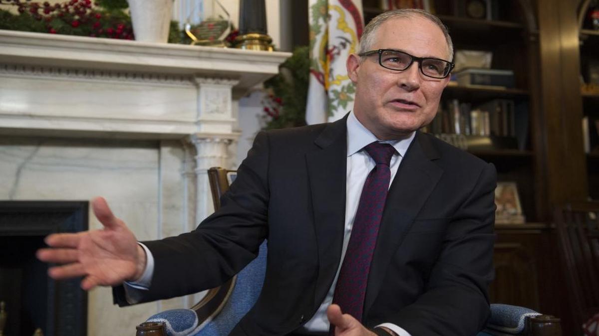 Environmental Protection Agency Administrator-designate Scott Pruitt answer a reporter’s question during his meeting with Sen. Shelley Moore Capito, R-W.Va., on Capitol Hill in Washington, Wednesday, Jan. 4, 2017.