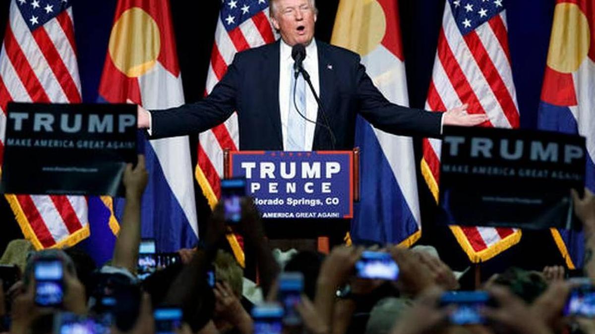 In this Friday, July 29, 2016 file photo, Republican presidential candidate Donald Trump speaks during a campaign rally in Colorado Springs, Colo.