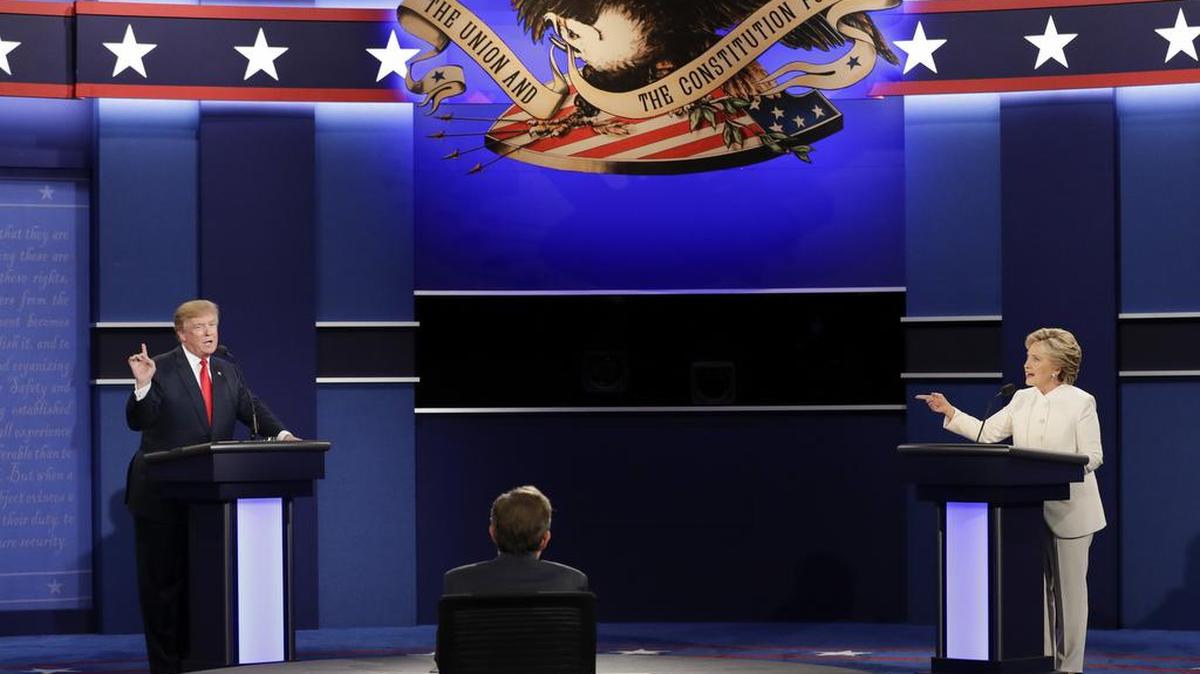Hillary Clinton exchanges views with Donald Trump during the third presidential debate at UNLV in Las Vegas on Wednesday.