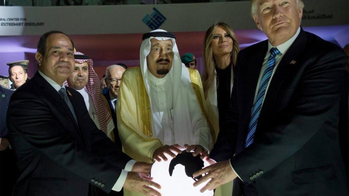 In this Sunday, May 21, 2017 photo released by the Saudi Press Agency, from left to right, Egyptian President Abdel Fattah al-Sissi, Saudi King Salman, U.S. First Lady Melania Trump and President Donald Trump, visit a new Global Center for Combating Extremist Ideology, in Riyadh, Saudi Arabia.