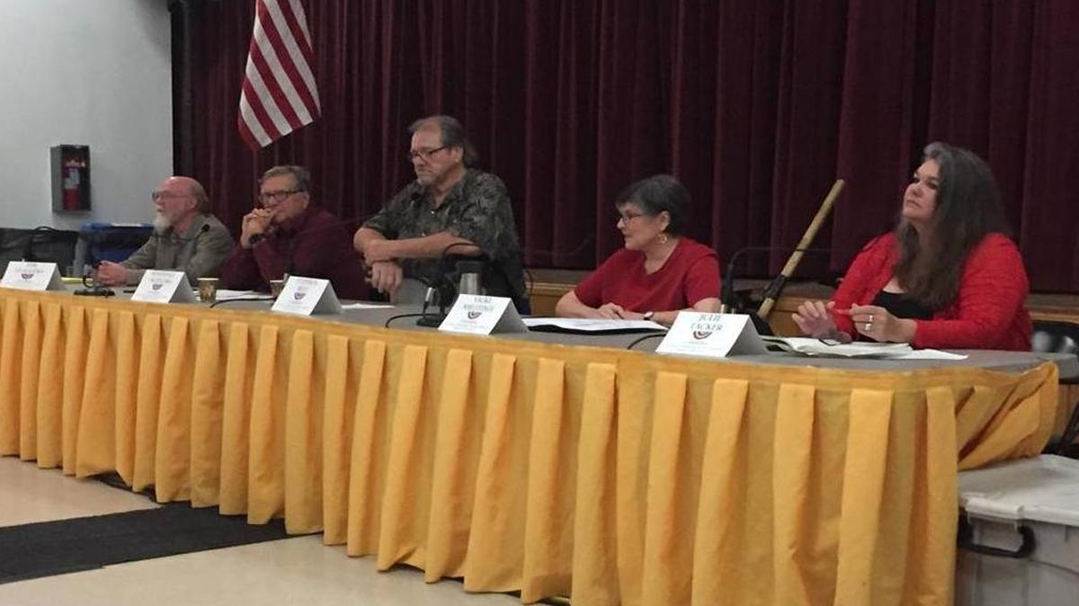 Los Osos Community Services District candidates (left to right) Tim Staggers, Marshall Ochylski, Steve Best, Vicki Milledge and Julie Tacker answer questions at a forum Thursday hosted by the League of Women Voters.