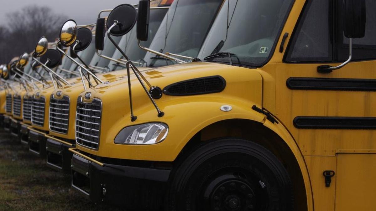 This Dec. 11, 2008, file photo shows schools buses at Rohrer Bus Sales in Duncannon, Pa.