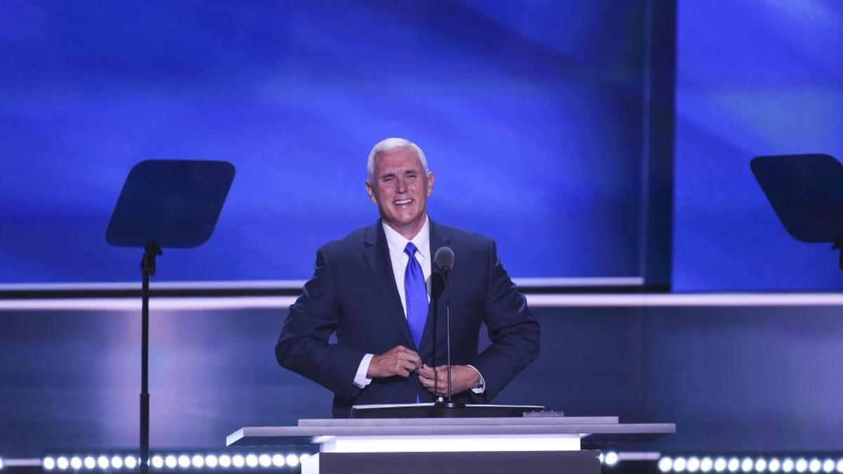 Indiana Gov. Mike Pence, the Republican nominee for vice president, speaks at the Republican National Convention in Cleveland on July 20, 2016.