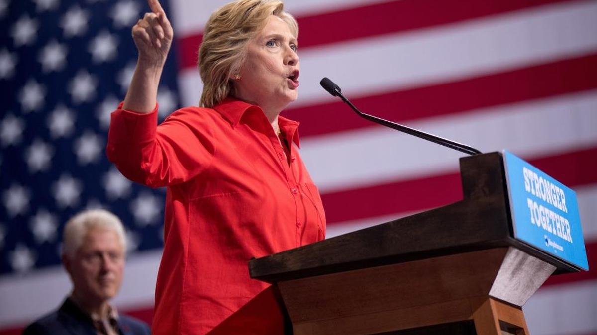 Democratic presidential candidate Hillary Clinton, accompanied by her husband, former President Bill Clinton, speaks in Pittsburgh.