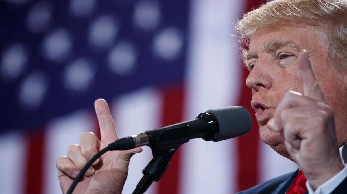 Republican presidential candidate Donald Trump speaks during a campaign rally Monday in Grand Rapids, Mich.