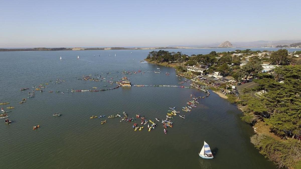 Kayakers, boaters and more came together in an attempt to form a peace sign on the water at the Baywood Climate Fest on Nov. 29, 2015. The event is part of a global movement calling for climate justice and an end to carbon pollution.