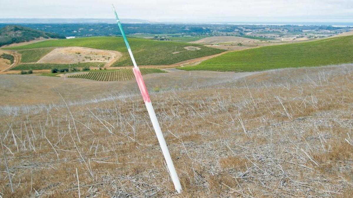 Red posts mark the center point of a lot development envelope at Laetitia Vineyard & Winery. A proposal to build 82 homes on the property was rejected.