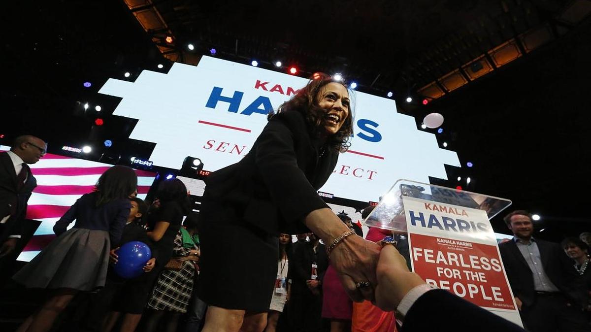 Kamala Harris celebrates her victory in the U.S. Senate race at a rally in downtown Los Angeles on Tuesday, Nov. 8, 2016.