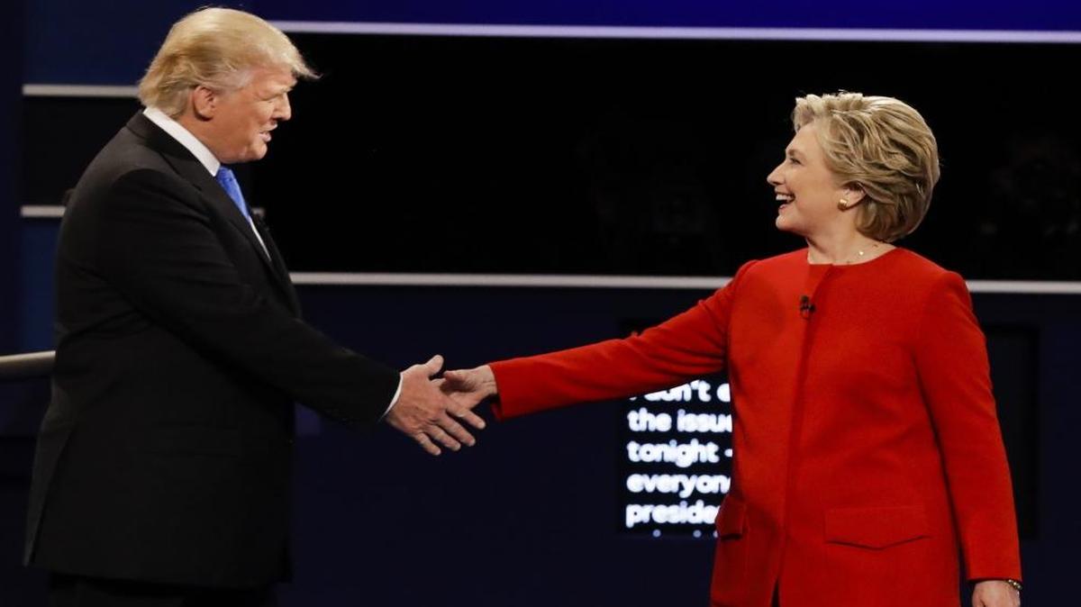 This Sept. 26, 2016 file photo shows Republican presidential nominee Donald Trump and Democratic presidential nominee Hillary Clinton during the presidential debate at Hofstra University in Hempstead, N.Y.