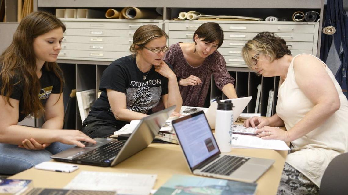From the left: Brook Molnar, student and faculty members Inga Doroz, Michelle Craig, Marcia Harvey work on Wikipedia entries. Cuesta College recently hosted a Wikipedia Edit-a-Thon, an effort to encourage more female editors.
