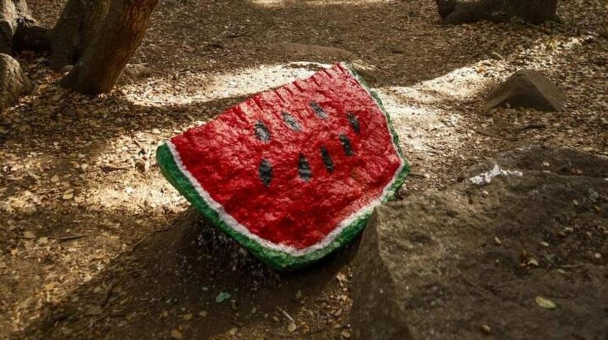A rock along the Bishop Peak trail near Highland Drive was painted to look like a slice of watermelon.