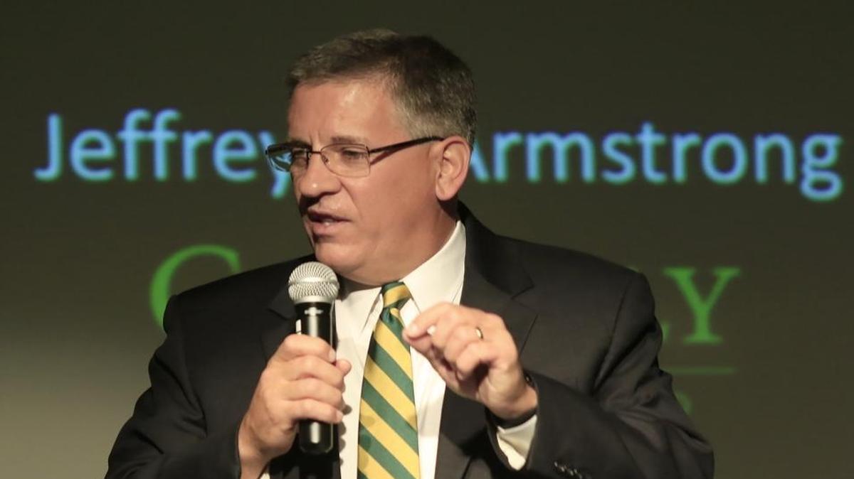 "It's sad and it makes me angry that this thing happened," said Cal Poly President Jeffrey Armstrong, seen here in 2016, about the racist incident at Lambda Chi Alpha fraternity.