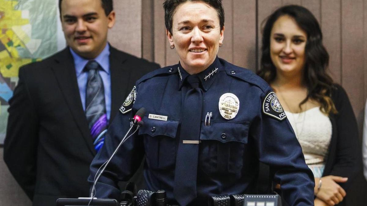 San Luis Obispo’s police chief, Deanna Cantrell, makes a few remarks after being sworn in and receiving her badge at the start of the San Luis Obispo City Council’s meeting in January.
