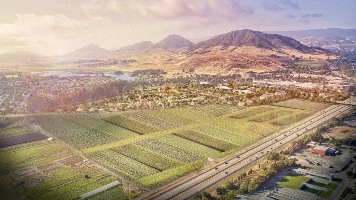 This rendering offers a bird’s eye view of the proposed San Luis Ranch project bordering Madonna Road and Oceanaire Drive in San Luis Obispo.