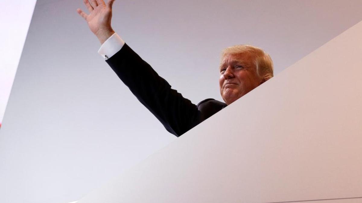 Republican presidential candidate Donald Trump waves Monday as he leaves the stage during the Republican National Convention on July 18, 2016, in Cleveland.