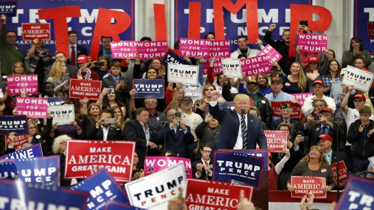 Republican presidential candidate Donald Trump speaks at a campaign rally in Lisbon, Maine.