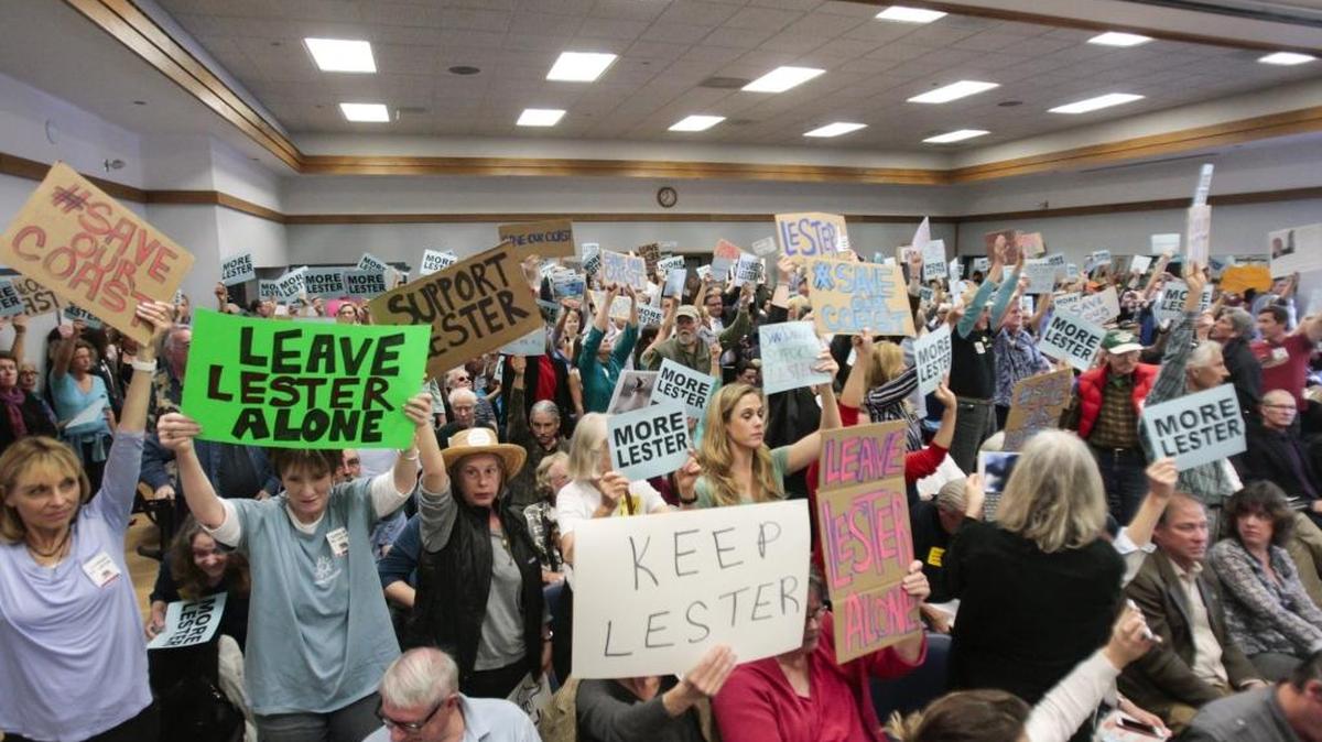 Supporters of Executive Director Charles Lester at the California Coastal Commission hearing in Morro Bay on Feb. 9.