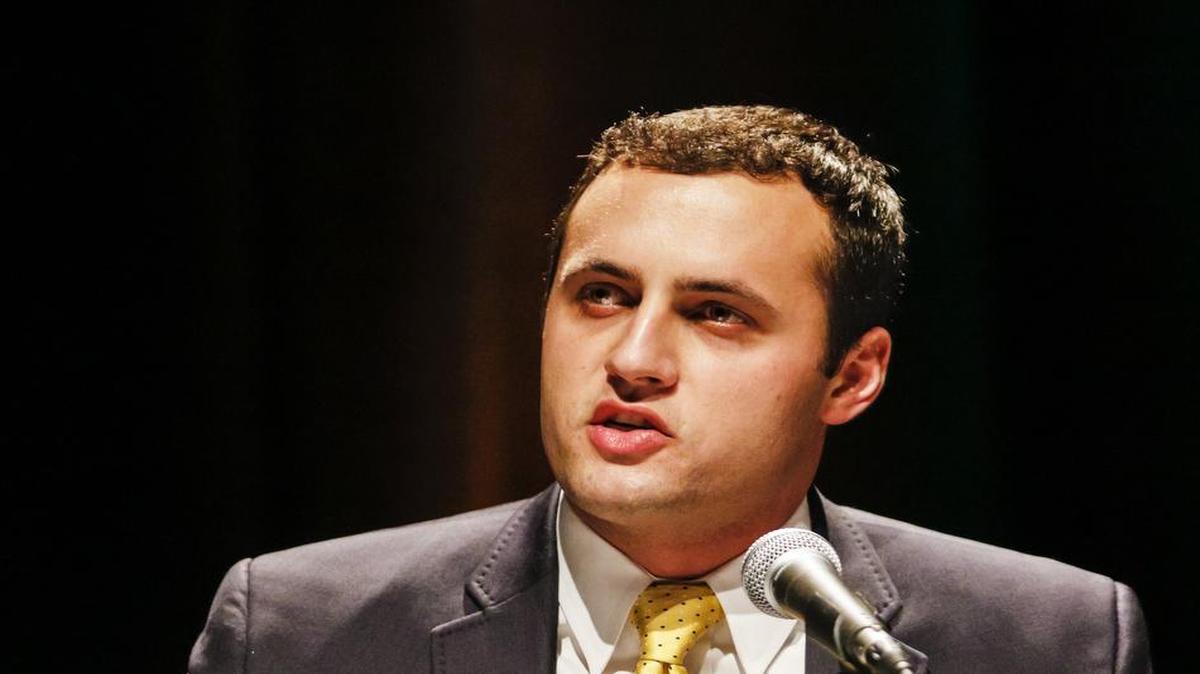Candidate Justin Fareed during a 24th District congressional debate at Cal Poly in February.