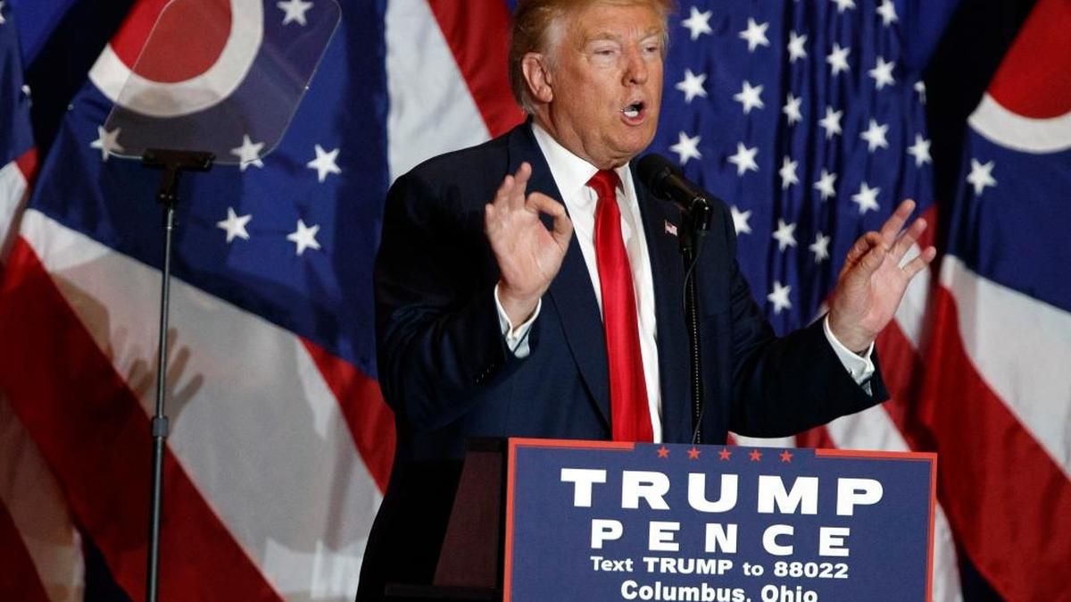 Republican presidential candidate Donald Trump delivers a speech in Columbus, Ohio, on Oct. 13, 2016.