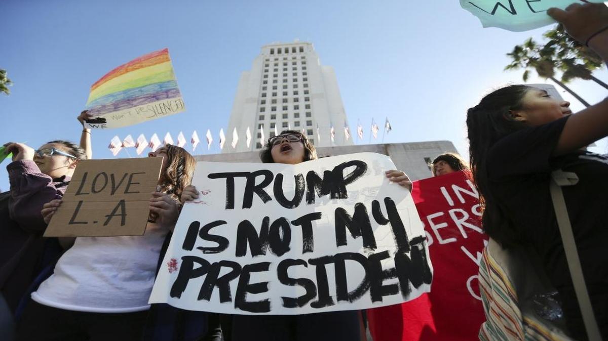 Students from several high schools rally after walking out of classes to protest the election of Donald Trump at City Hall in downtown Los Angeles on Nov. 14.