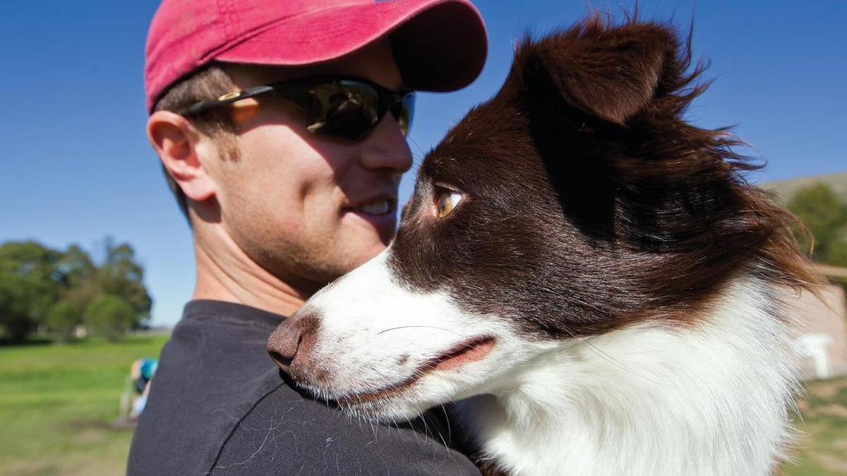 Rippa, an Australian shepard, and Yishai Horowitz enjoy the close contact at Laguna Lake dog park.