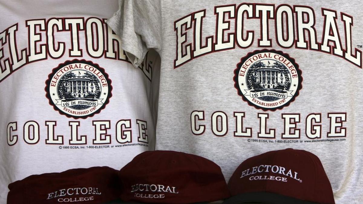 Sportswear bearing the name of a college that doesn't exist: the Electoral College, are photographed in Glenburn, Maine.