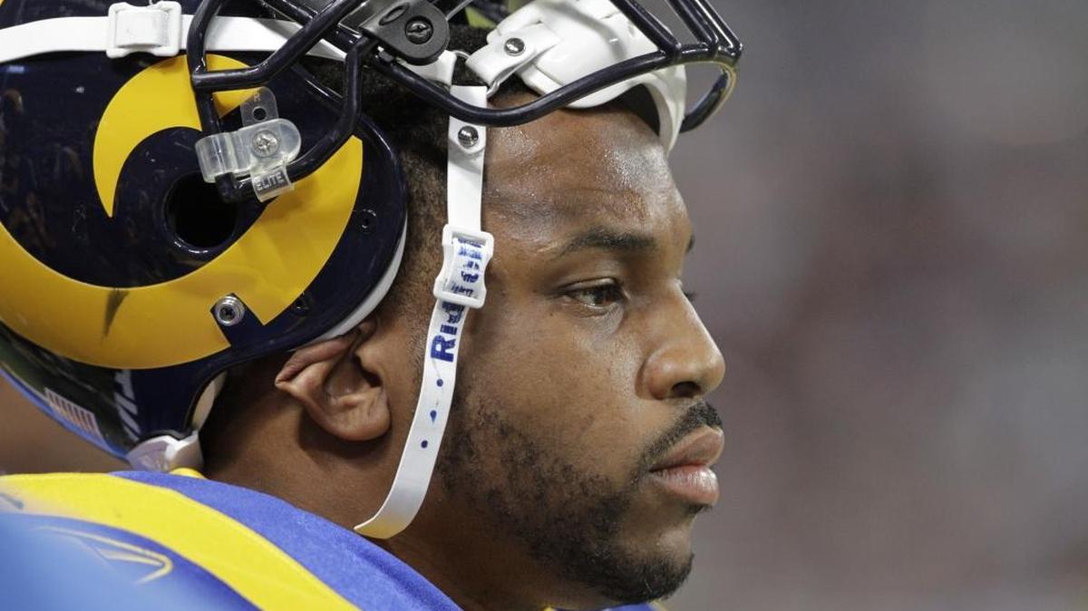 St. Louis Rams linebacker Larry Grant is seen on the sidelines during the fourth quarter of an NFL football game against the Carolina Panthers Sunday, Oct. 31, 2010, in St. Louis.