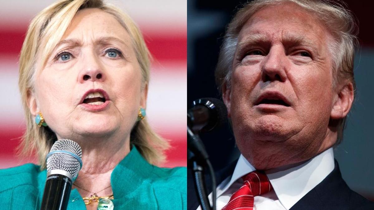 Democratic presidential candidate Hillary Clinton, left, speaks at a rally Aug. 10 in Des Moines, Iowa. Republican presidential candidate Donald Trump, right, speaks during a campaign rally Aug. 9 in Fayetteville, N.C.