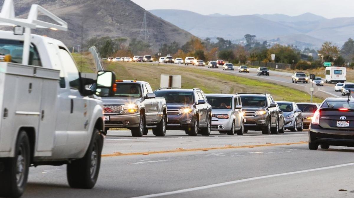 Southbound traffic crawls along Hwy. 227 near the San Luis Obispo County Regional Airport at rush hour.