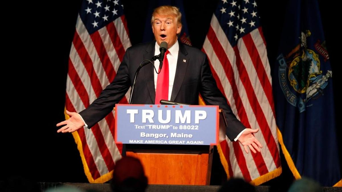 Republican presidential candidate Donald Trump speaks at a rally, Wednesday, June 29, 2016, in Bangor, Maine.