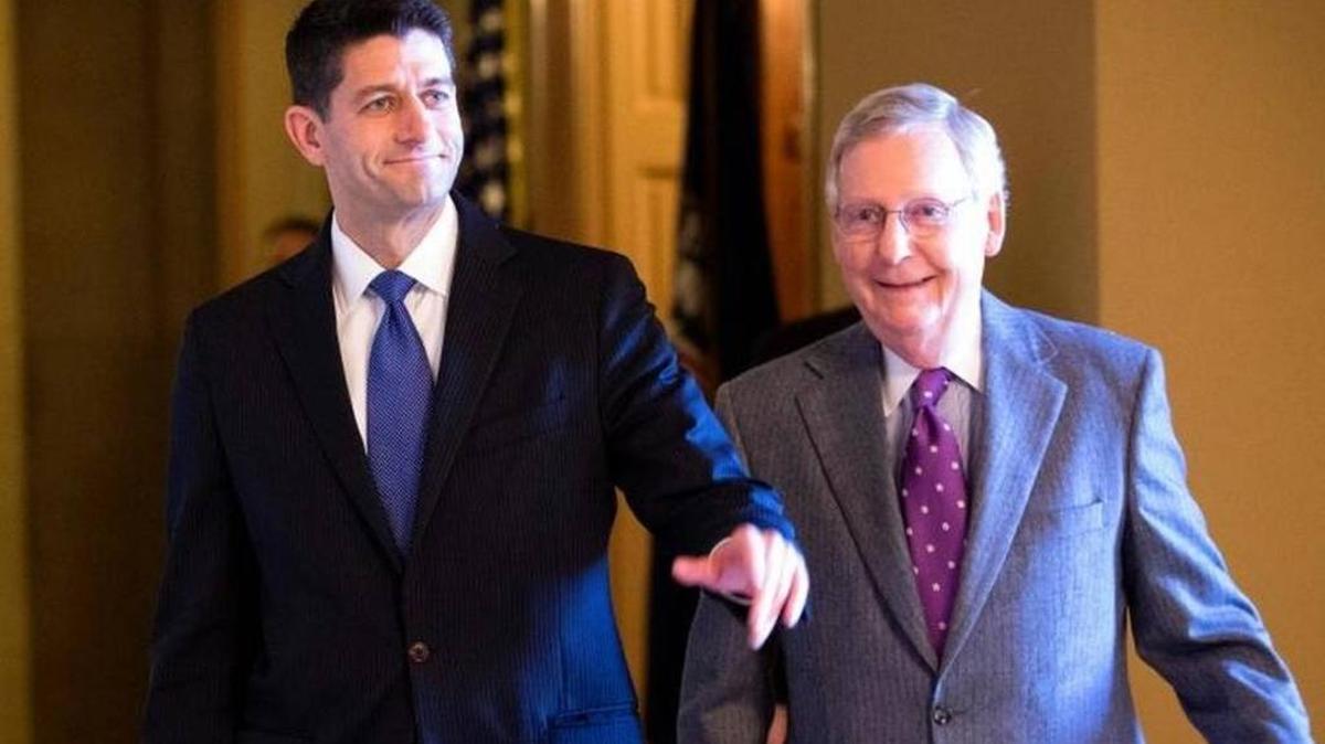 House Speaker Paul Ryan, R-Wis., and Senate Majority Leader Mitch McConnell, R-Ky., gleefully walk together in Washington, D.C., on Nov. 3, 2015.