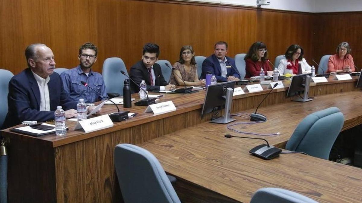 Candidates for San Luis Obispo City Council and mayor participated in a forum Sept. 27 hosted by the League of Women Voters. From the left are Mike Clark, Aaron Gomez, Christopher D. Lopez, Andrea “Andy” Pease, Brett Strickland, Mila Vujovich-La Barre, Heidi Harmon and Jan Marx.