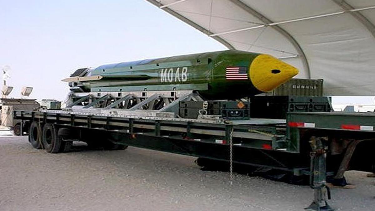 In an undated photo provided by the Air Force, the GBU-43/B Massive Ordnance Air Blast bomb, nicknamed the “Mother of All Bombs,” at Eglin Air Force Base in Florida.