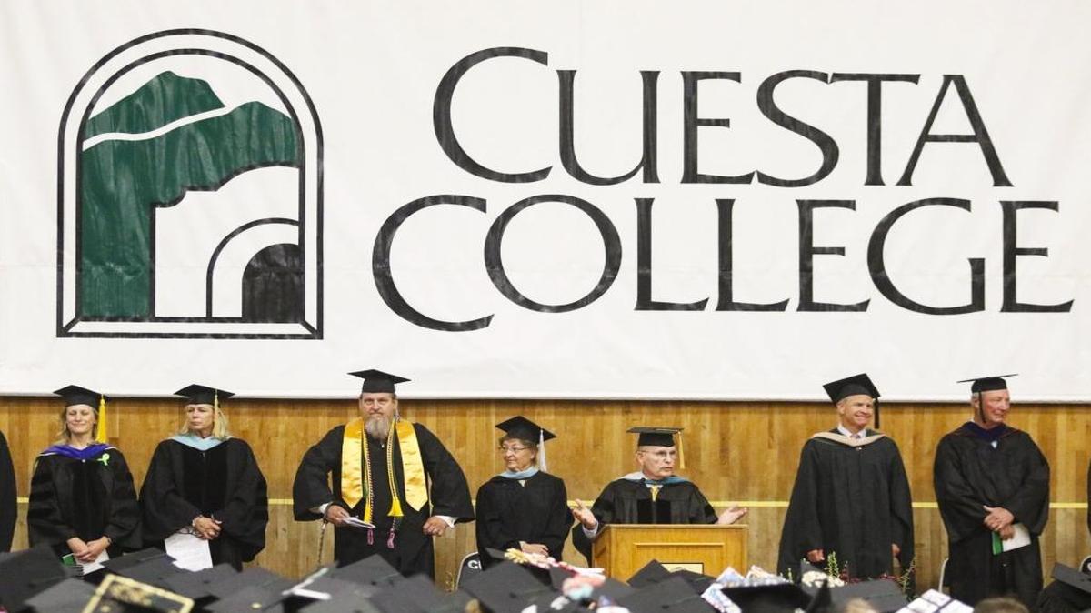 Dr. Gil Stork, the superintendent and president of Cuesta College, addresses the students and parents at graduation May 20.