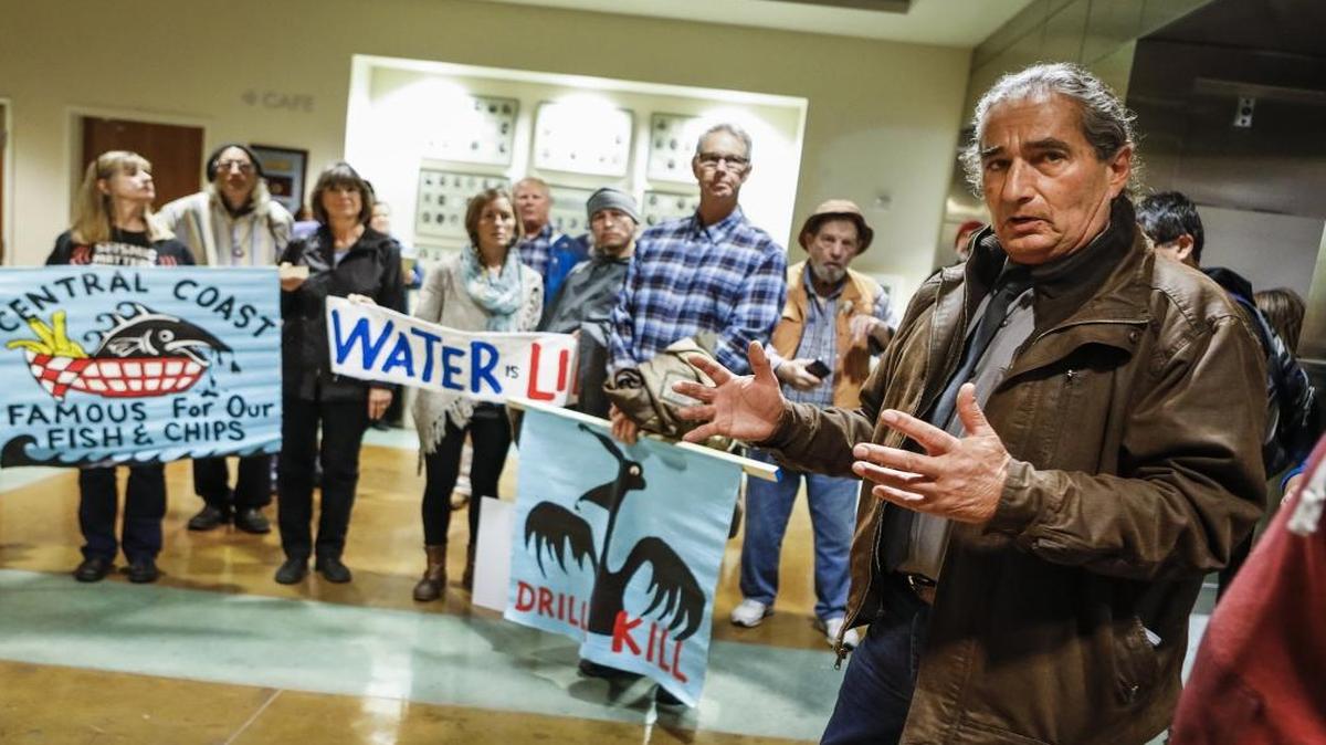 Fred Collins, a tribal administrator for the Northern Chumash Tribal Council, speaks with supporters of the Chumash Heritage National Marine Sanctuary before the start of the San Luis Obispo County Board of Supervisors meeting on Feb. 7, 2017.