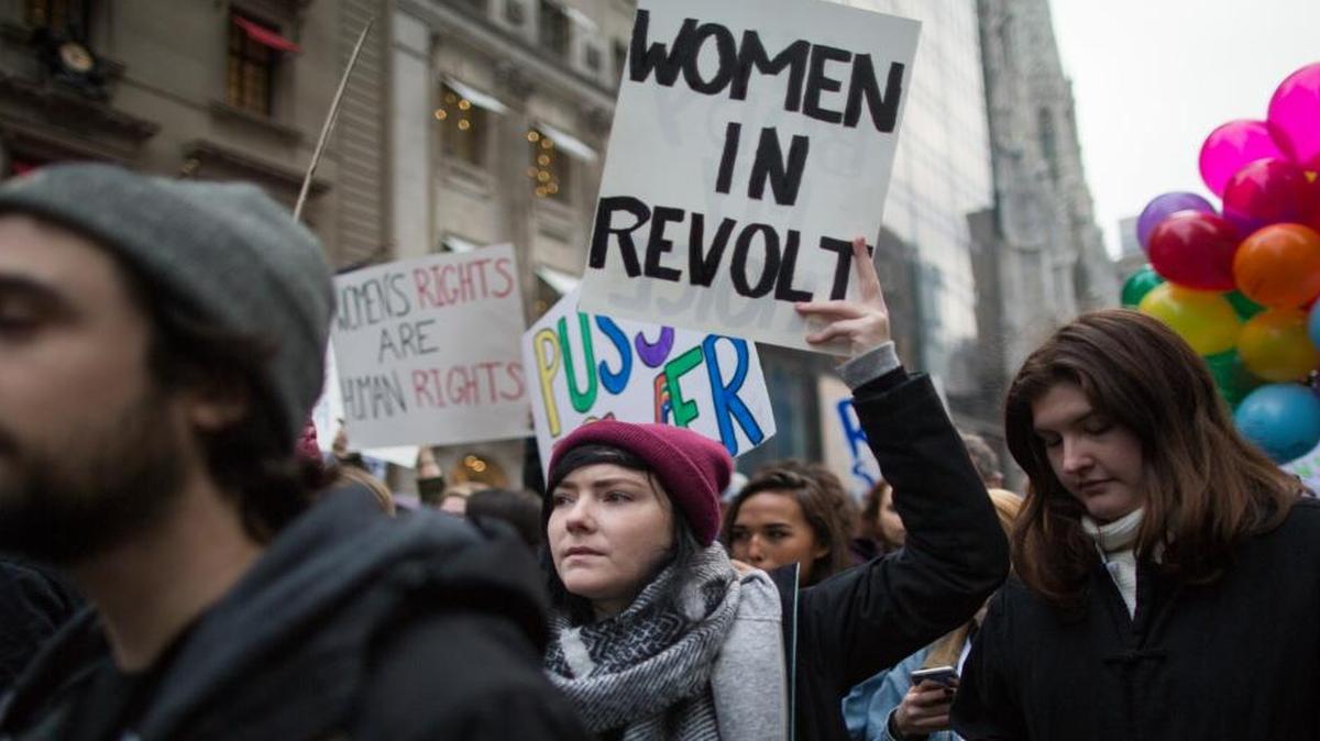 Demonstrators march along Fifth Avenue during a Women’s March in New York on Jan. 21, 2017.