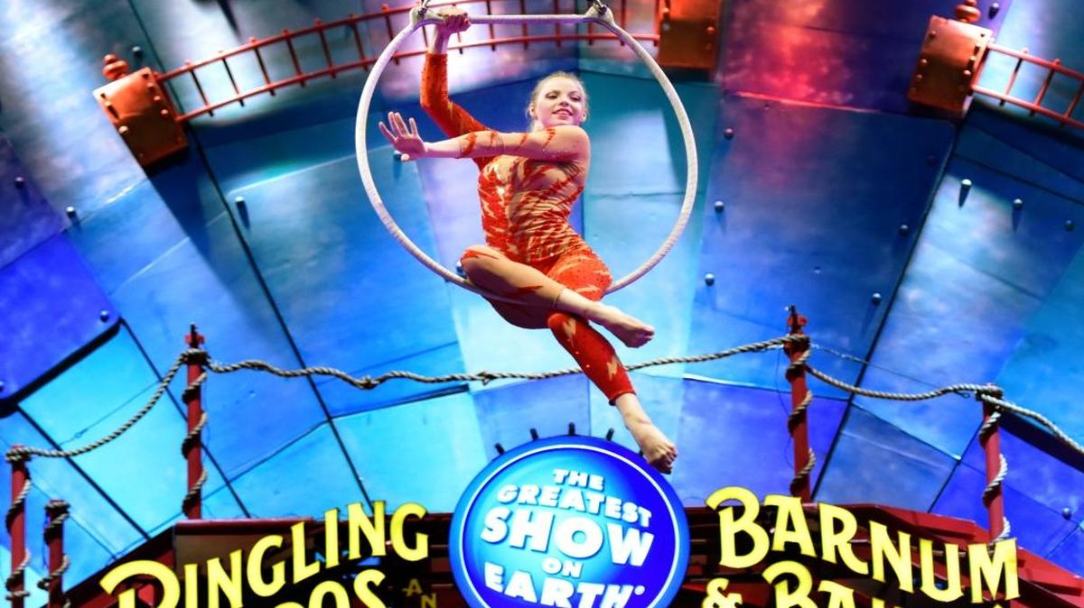 Aerialist Olha Peresada performs during the pre show before the Ringling Bros. and Barnum & Bailey Circus begins at the Veterans Memorial Arena Thursday evening, Jan. 19, 2017, in Jacksonville, Fla. The circus is closing in May 2017.