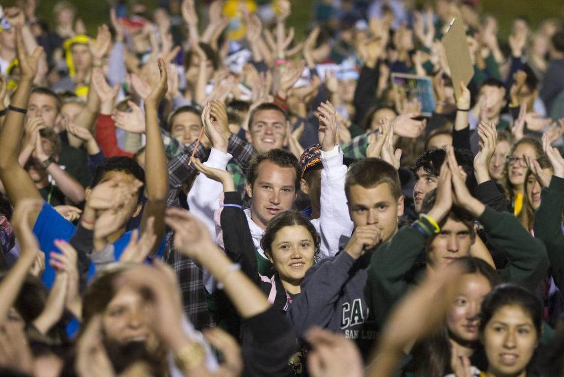 Incoming Cal Poly students crowd onto the field at the Lower Sports Complex on Wednesday, Sept. 18, 2019, to take part in the WOW-A-Rama festivities.