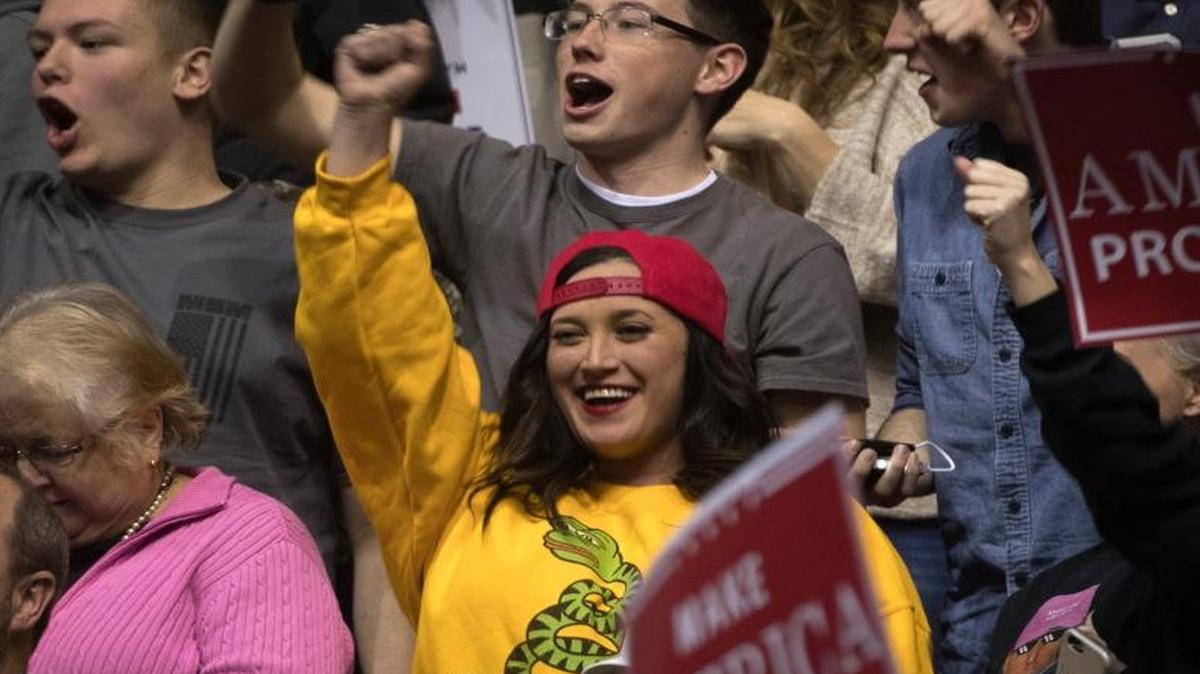 A crowd reacts as President Donald Trump speaks at a rally at the Nashville Municipal Auditorium in Nashville, Tennessee, on March 15, 2017.
