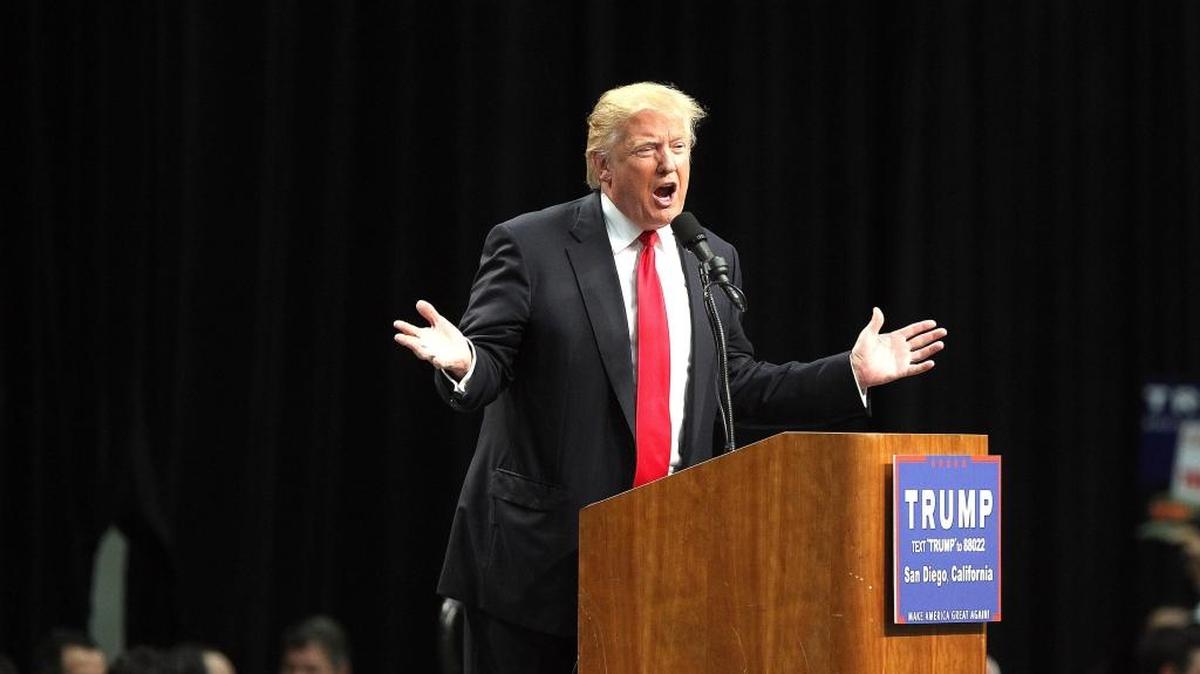 Republican presidential candidate Donald Trump speaks during a campaign rally at the San Diego Convention Center on Friday, May 27.