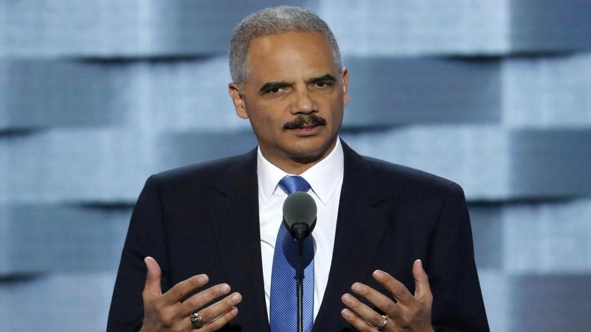 This July 26, 2016 file photo former Attorney General Eric Holder speaks during the second day of the Democratic National Convention in Philadelphia. Vowing to protect California's values and constitutional guarantees, the state Legislature has selected Holder to serve as outside counsel to advise the legal strategy against the incoming Trump administration.