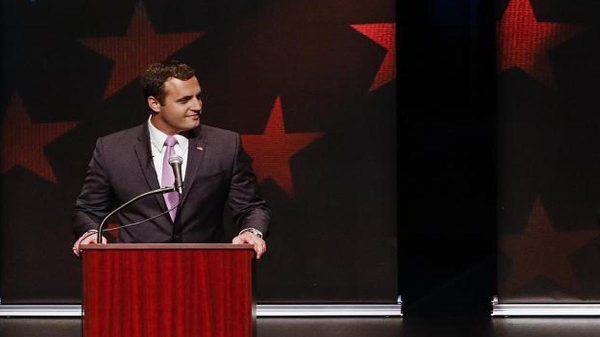 The final 24th Congressional District debate between Republican businessman and rancher Justin Fareed, left, and Democrat and Santa Barbara County Supervisor Salud Carbajal on Oct. 20 at the Spanos Theater at Cal Poly.