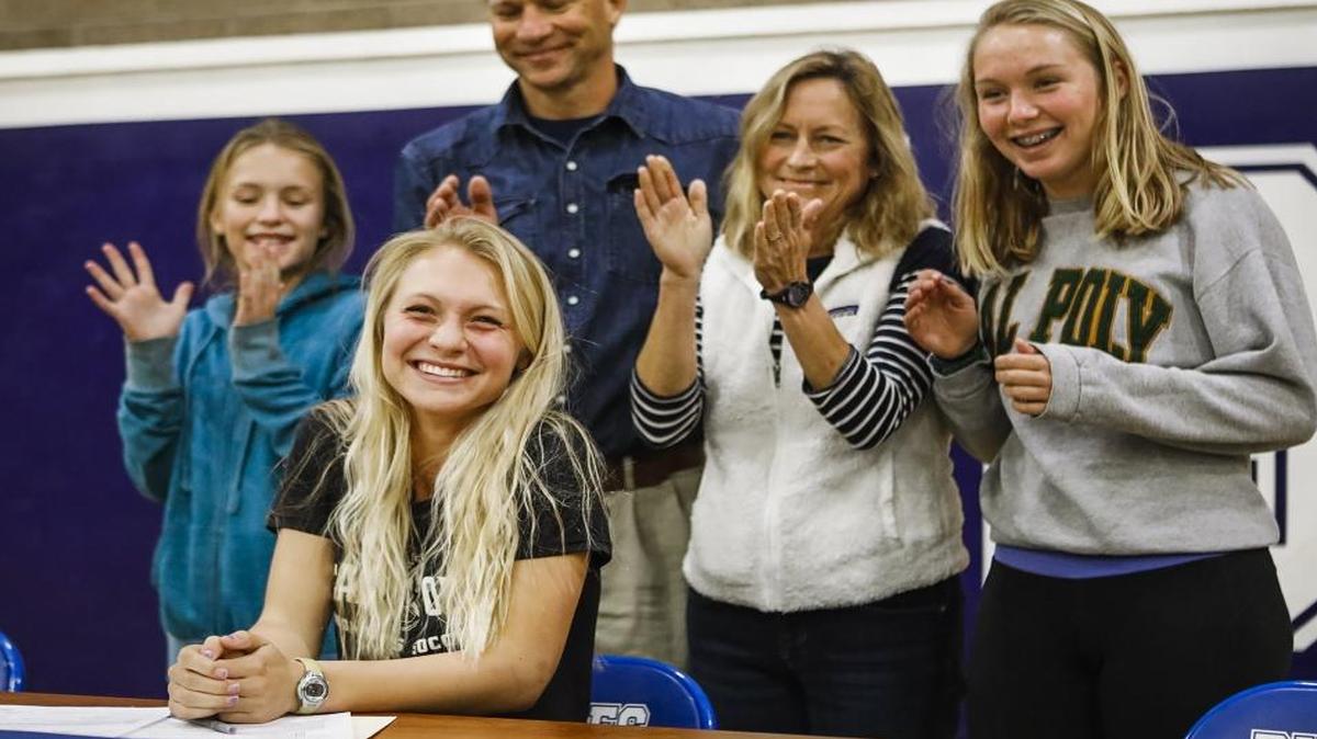 Morro Bay High senior Emma Hotaling, surrounded by her family, signs her National Letter of Intent on Feb. 1 to join the Cal Poly women’s soccer team.