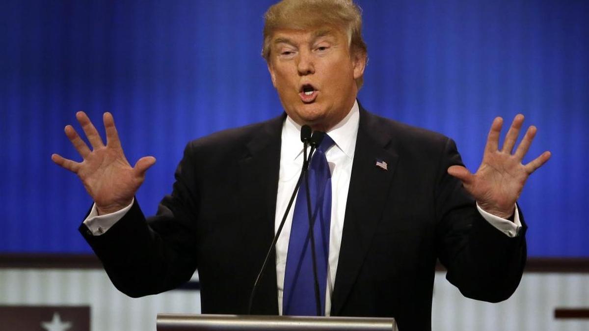 Republican presidential candidate Donald Trump speaks during a Republican presidential primary debate at Fox Theatre, Thursday, March 3, 2016, in Detroit.