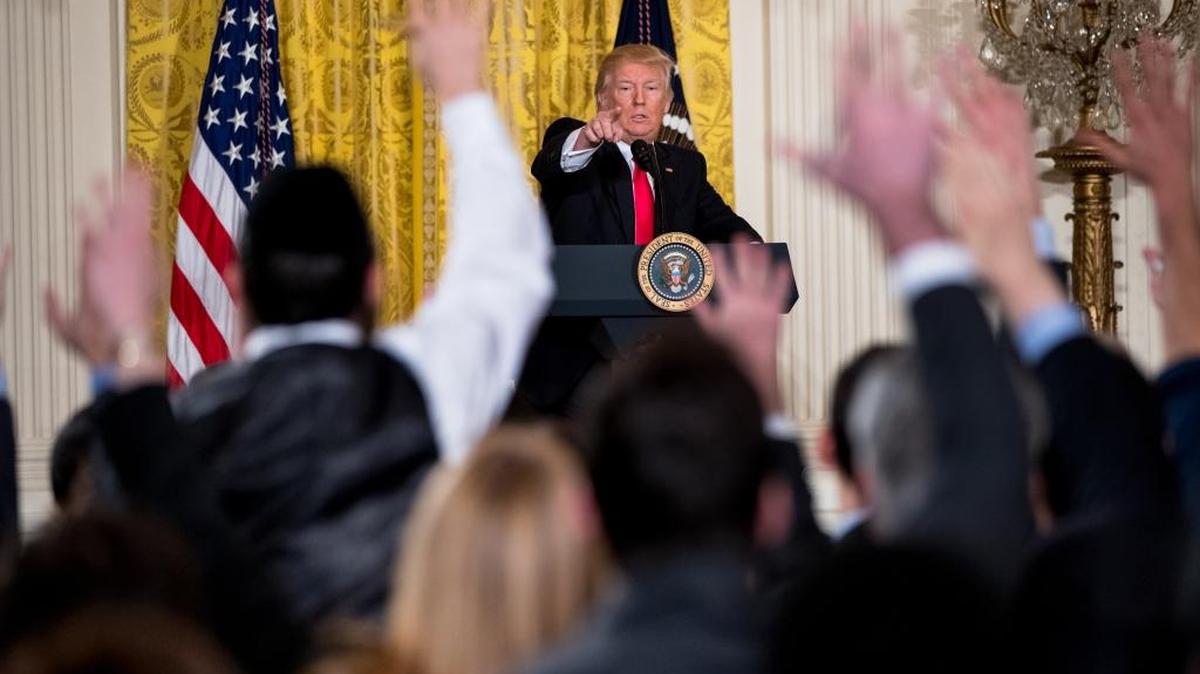 President Donald Trump calls on members of the press during a news conference, Thursday, Feb. 16, 2017, in the East Room of the White House in Washington.