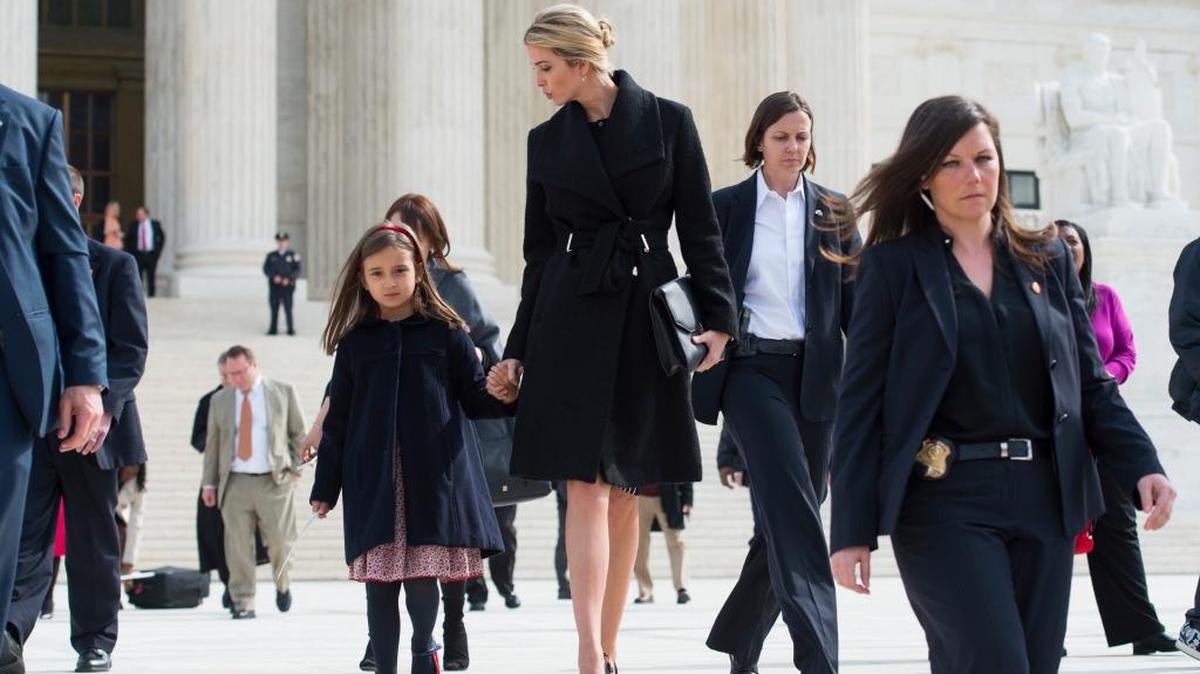 Ivanka Trump, daughter of President Donald Trump, and her daughter Arabella Kushner walk down the steps of the Supreme Court in Washington on Feb. 22, 2017.