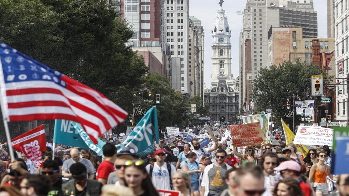 Supporters of Sen. Bernie Sanders, I-Vt., march during a protest in downtown on Sunday, July 24, 2016, in Philadelphia. The Democratic National Convention was held in Philadelphia in July.