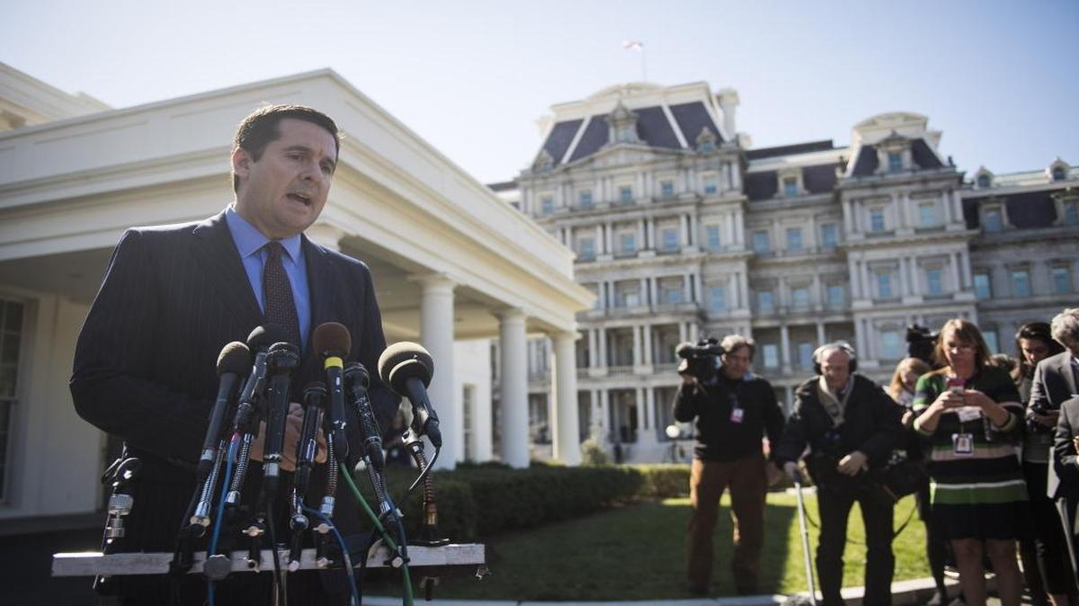 Rep. Devin Nunes, R-Calif., seen speaking with reporters outside the West Wing of the White House, has emerged as one of President Donald Trump's most tenacious allies on Capitol Hill.